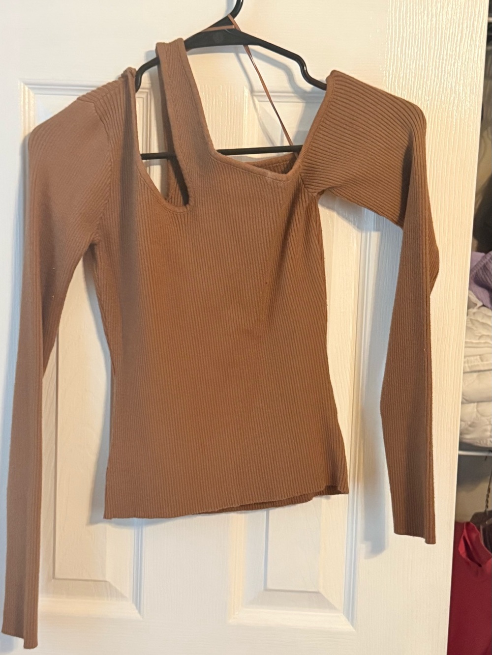 Asymmetric Brown Ribbed Knit Top - Long Sleeve Women’s Sweater